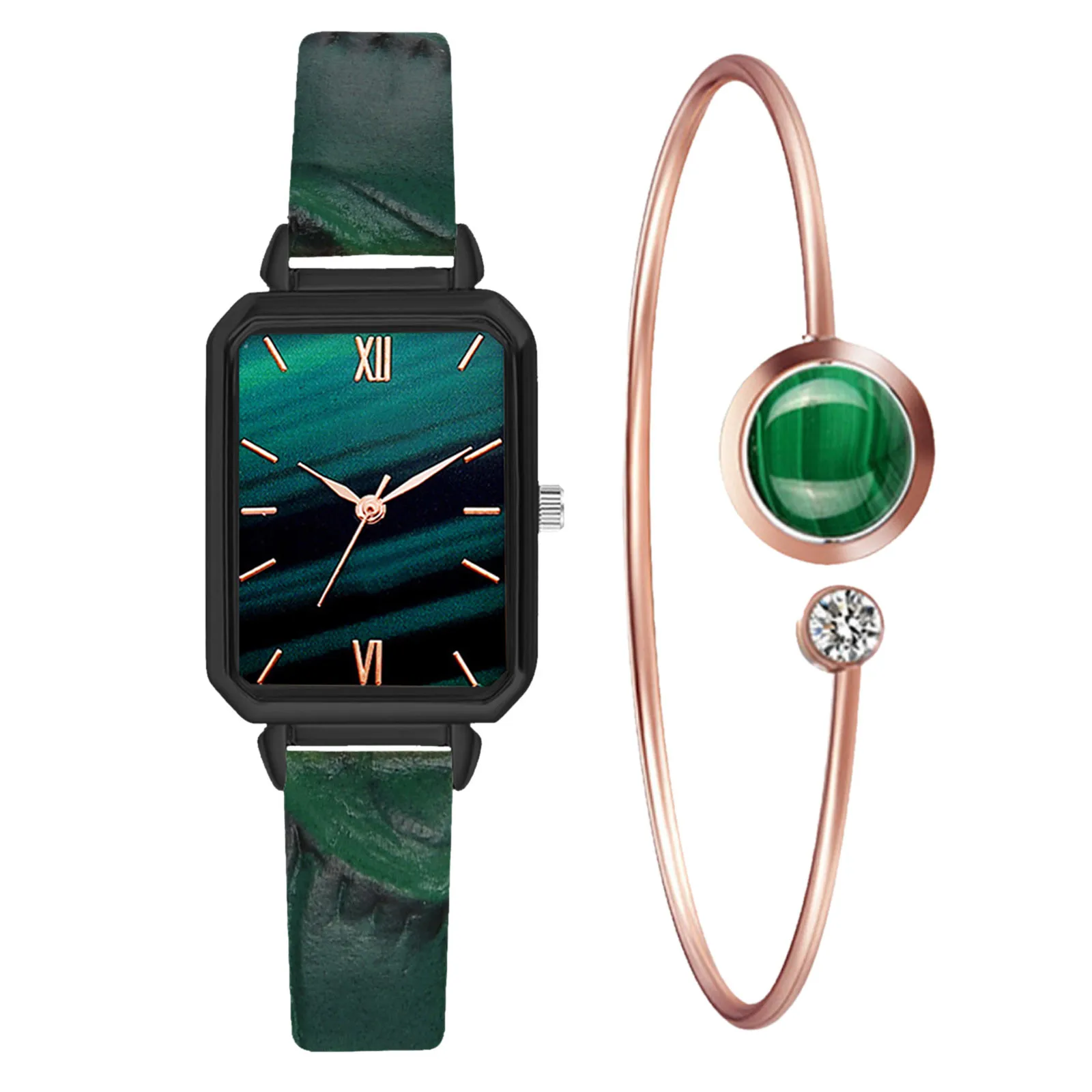 

Fashion Women Watches Fashion Square Ladies Quartz Watch Bracelet Set Green Dial Simple Rose Gold Mesh Luxury Women Watches
