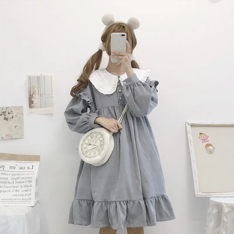 Осенне-зимнее Повседневное платье в стиле Лолиты Kawaii, новое японское милое ретро платье с кукольным воротником, свободное плиссированное платье с длинными рукавами