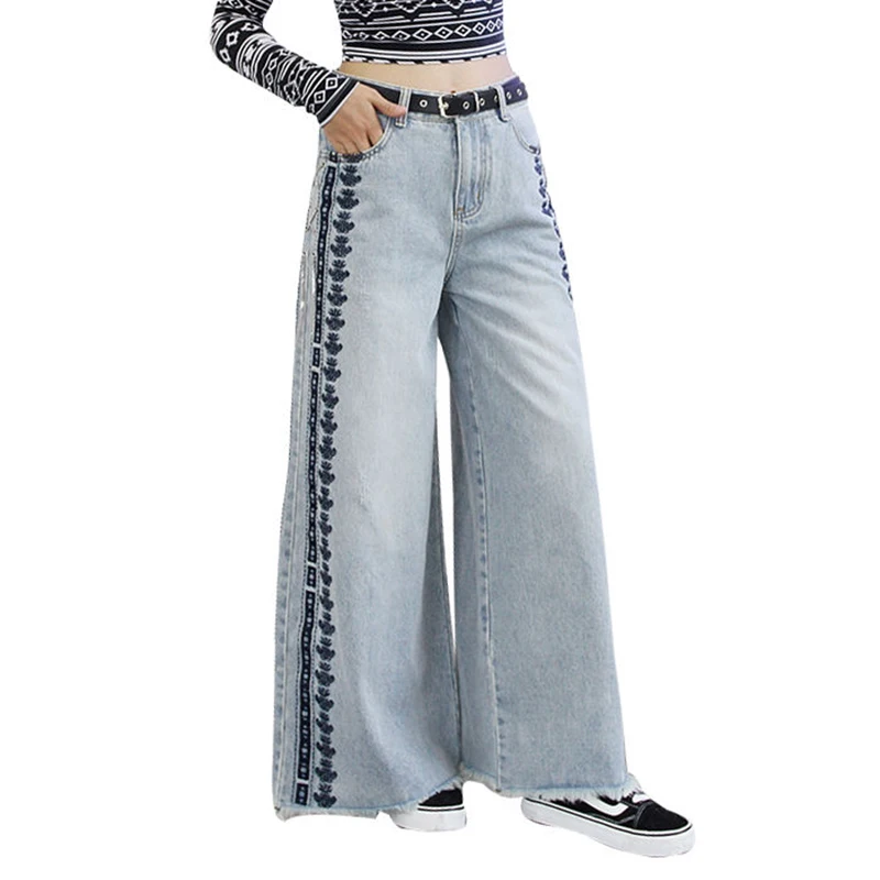 Женские джинсы с высокой талией Узкие Широкие брюки из денима винтажной вышивкой