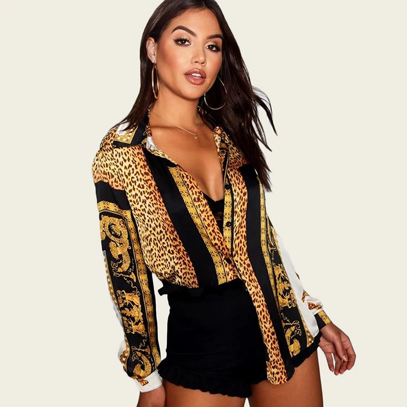 

Женская Короткая атласная блузка на пуговицах, с отложным воротником