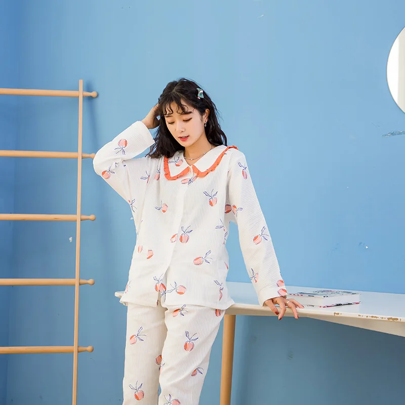 

Women Sweet Fruit Print 2PCS Pajamas Set Striped Home Wear Spring Autumn New Long Sleeve Pant Sleepwear Casual Cotton Nightwear