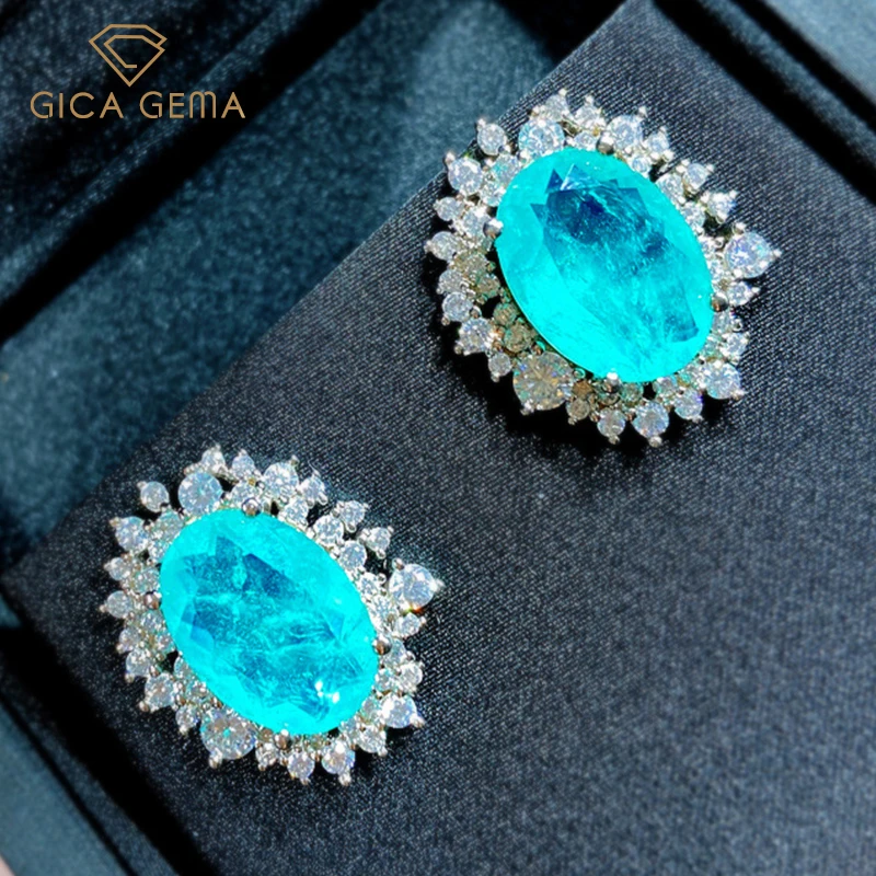 

GICA GEMA Blue Green Tourmaline Earrings For Women Real 925 Sterling Silver 10*14mm Oval Vintage Ear Stud Wedding Jewelry