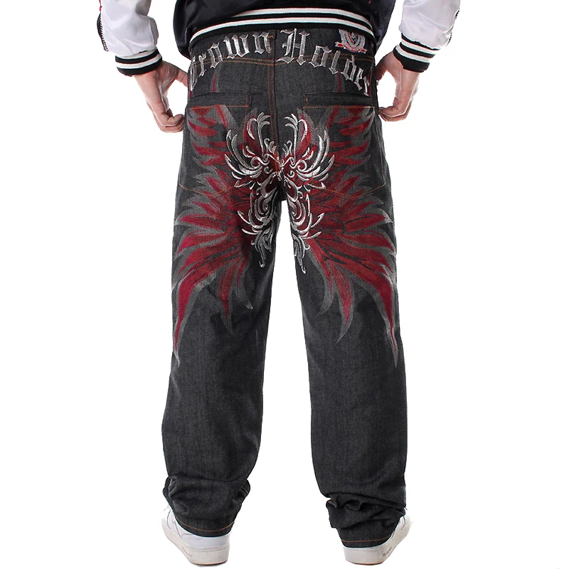 

Mens Jeans Top Rushed Stripe Loose Hip Hop Jeans Men Printed Hiphop Demin Pants Tide Trousers Embroidered Flower Wings