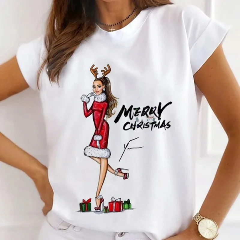 

Christmas Beauties Tees Christmas Santa Claus Christmas Tree Shirt Snowman Print Cartoon Happy New Year Holiday Fashion Tshirt M
