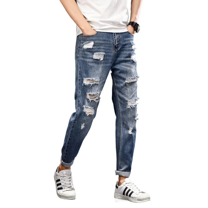 Summer men's hip-hop pants with holes in feet beggars' pants loose plus size fat Harlan distressed jeans Ripped jeans Straight