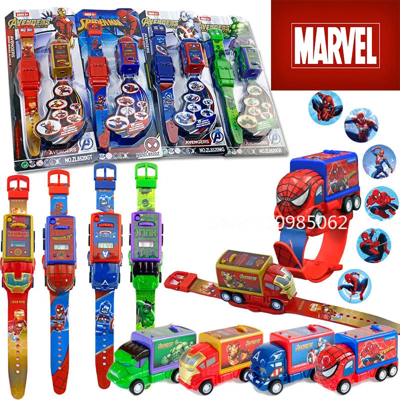 

New Marvel Spiderman Anime Cartoon Toy League of Legends Pull Back Car Projection Watch Children Early Education Toy Gift