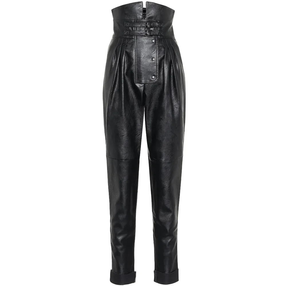 Брюки женские кожаные плиссированные полной длины с высокой талией и поясом F842 |