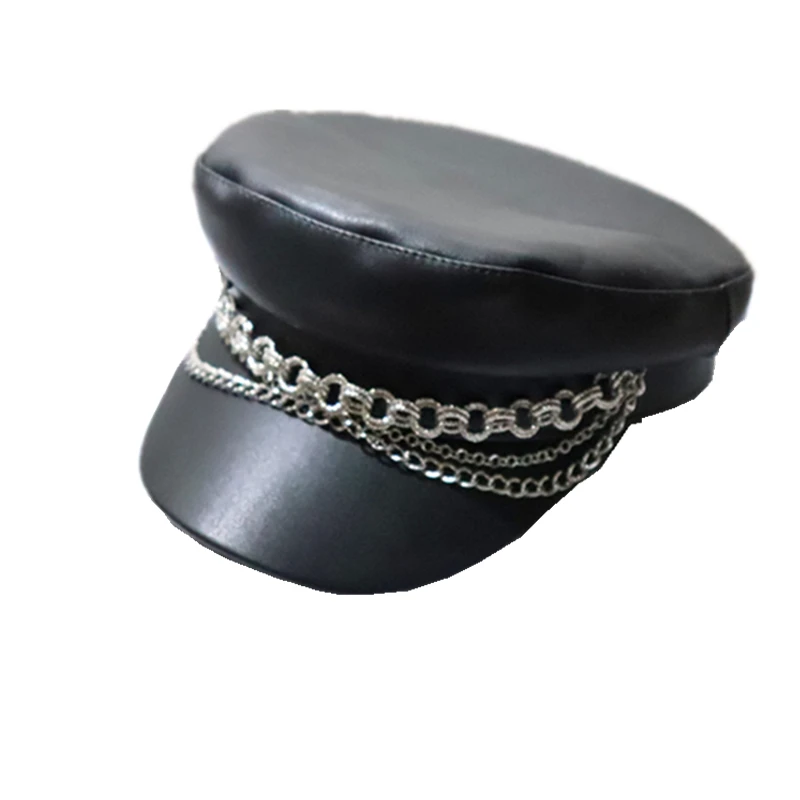 

Punk Style Dark Black Chain Navy Hat Cap Female Autumn and Winter New Leather Flat Top Black Newsboy Hat 2020 Fascinator Hats