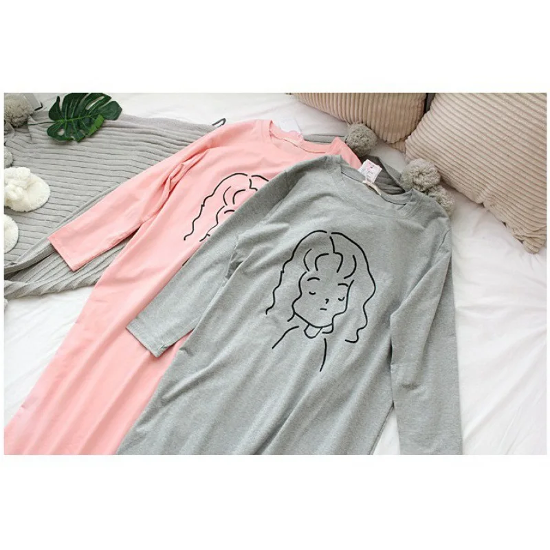 

Nightdress Women's Spring / Autumn Long Sleeve Grey Pink Cartoon Printed Casual Nightdress for Girls