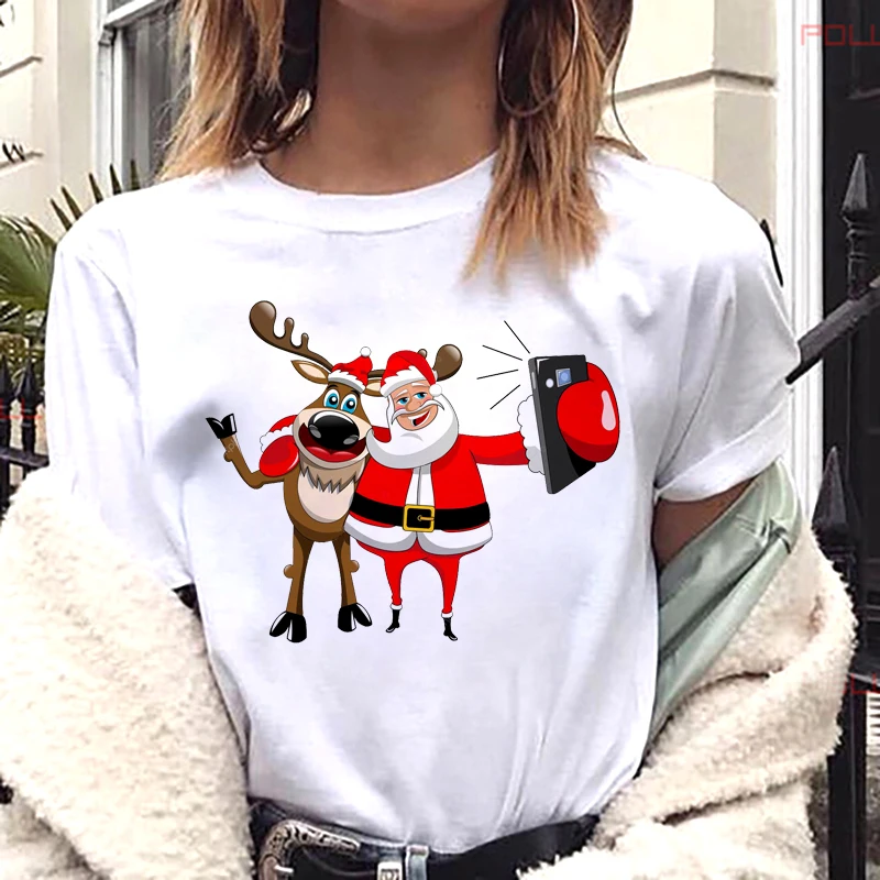 

Santa Claus tshirt Women Harajuku Fashion Christmas Printed t shirt White Short Sleeve Oversized t-shirt Tops Clothing