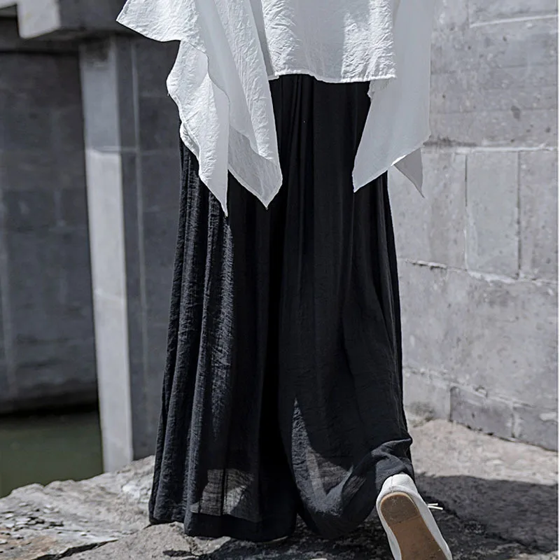 

NINI WONDERLAND 2021 Summer Elastic Waist Chiffon Casual Wide Leg Pants Women White Loose Trousers Female Black Vintage Pants