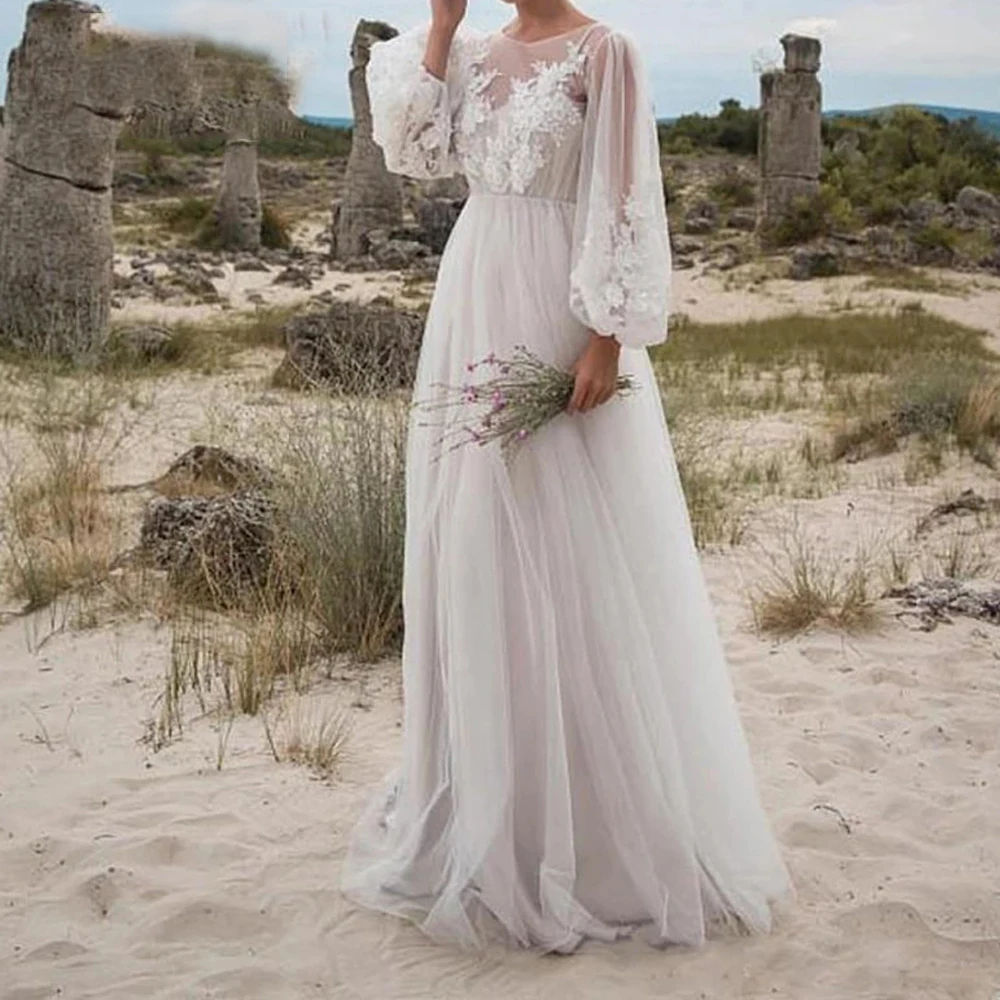 

Vestidos Sexy Wedding Dresses Organza Illusion Appliques Bateau Full Sleeve Zipper A-Line Bridal Gowns Novia Do 2021