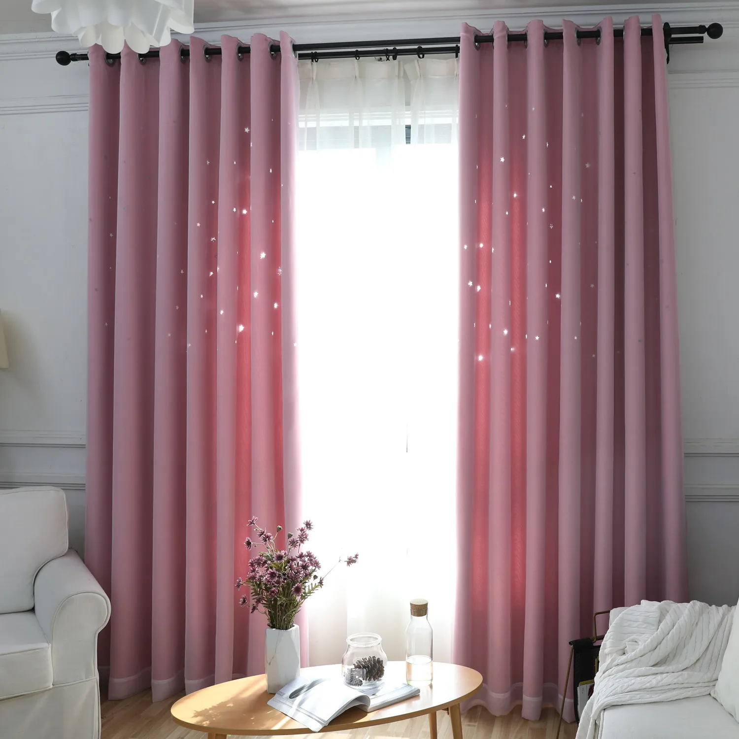 

GYC2269 Hollow Star Thermal Insulated Blackout Drapes for Living Room Bedroom Window Curtain Blinds Stitched With White Voile