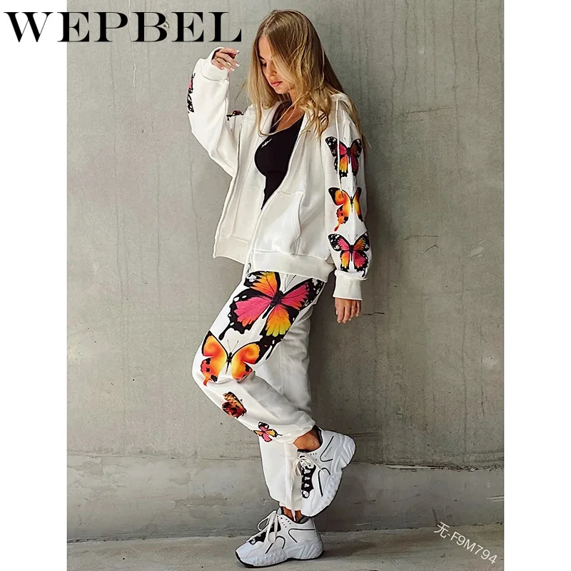 Mandylandy-chándal deportivo con estampado de mariposa para mujer, conjunto de 2 piezas con cremallera, Abrigo con capucha, Top + cordón en la cintura, Pantalones