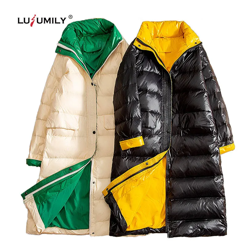 Lusumily/зимняя модная женская длинная пуховая куртка толстое теплое пальто с