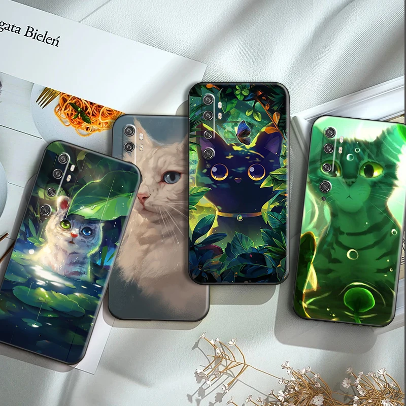 

Phone Case For Xiaomi CC9 CC9e 10S 10 Pro Lite 11 Lite Pro Ultra Note 10 10 Pro Cute Cat Mountain Forest Water TPU Black Cover