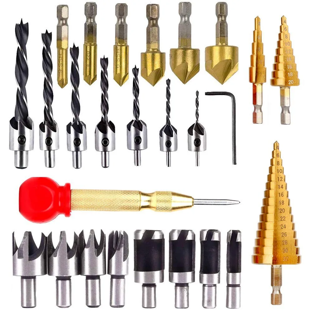 

26PCS Five edge chamfering cork drill woodworking drill center punch step drill set