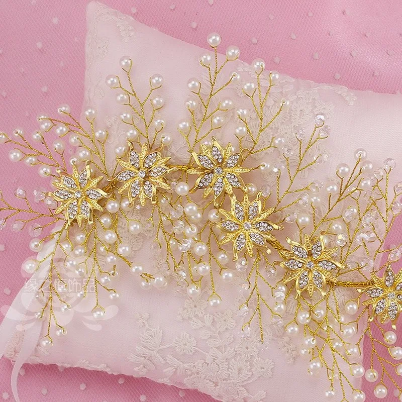 Головной убор невесты ручной работы жемчуг кристалл золотой головной для