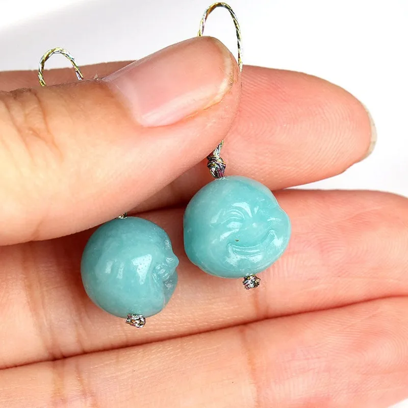 

New!Hand Carved Amazonite buddha Gemstone Earrings,11x11x10mm,3.5g