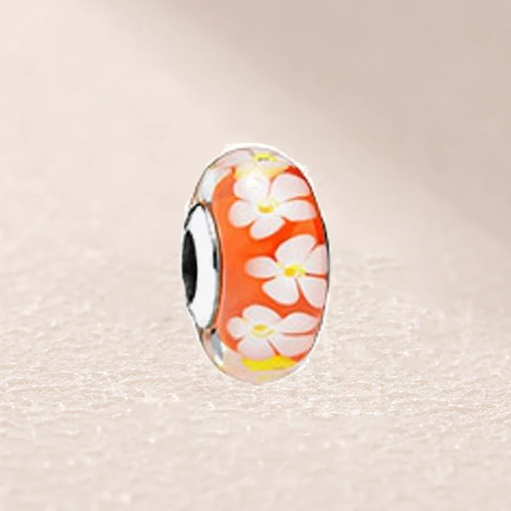 

925 791624 Tropical Flower orange Murano glass Slide charm Bead NWOT