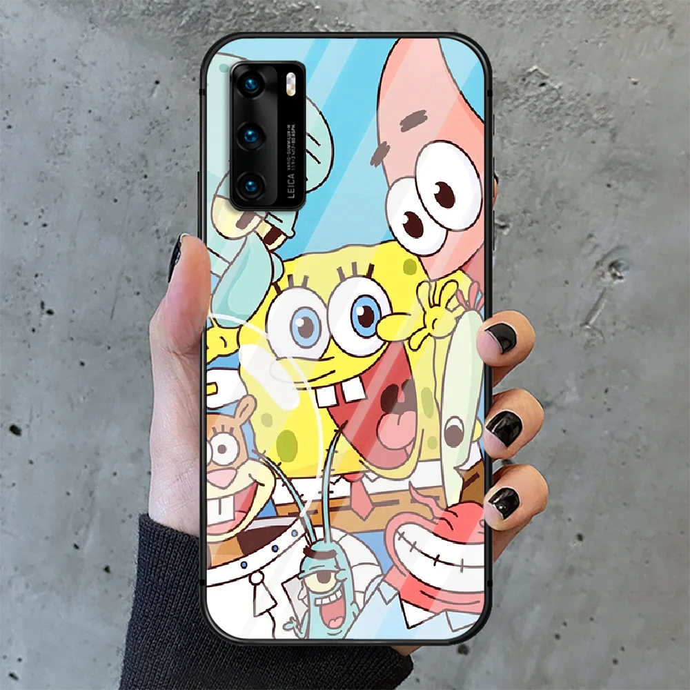 

Cute cartoon SquarePantss baby Phone Tempered Glass Case Cover For Huawei P Nova Mate 5T 20 30 40 Pro Lite Smart 2019 2021 Back