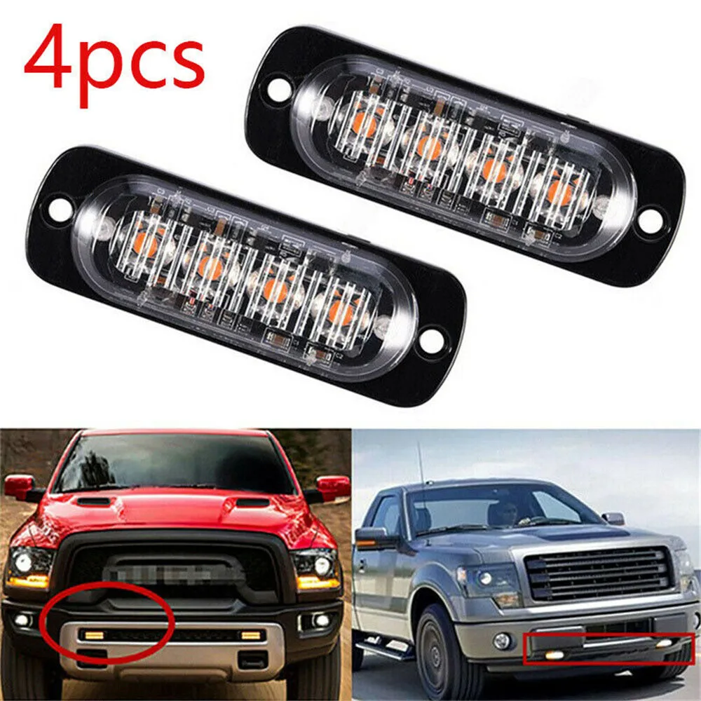 

4Pcs Universal 4 Bright LED Strobe Light 12/24V Yellow Plastic Automobile Warning Light Emergency Signal Light