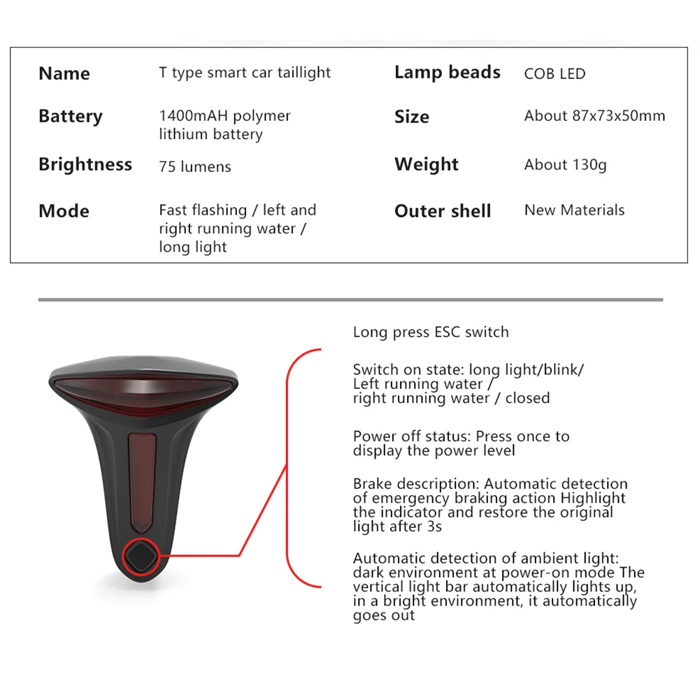 

Brake Induction Taillight T-Type Intelligent Induction Brake LED Safety Warning USB Tail Lamp