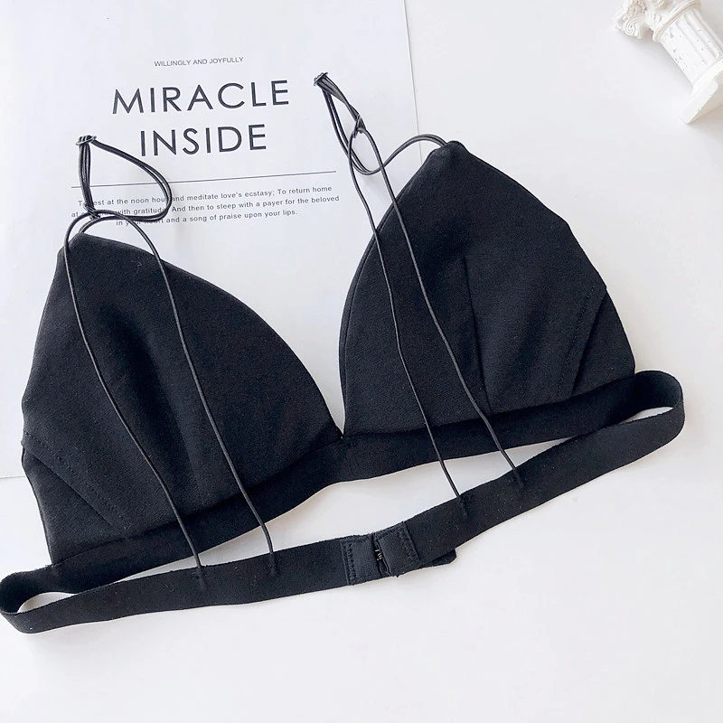 black bra Wriufred, простой модальный хлопковый комплект нижнего белья, тонкие бретельки, собранный сексуальный бюстгальтер и трусики, удобный треугольный бюстгальтер - Цвет: black bra