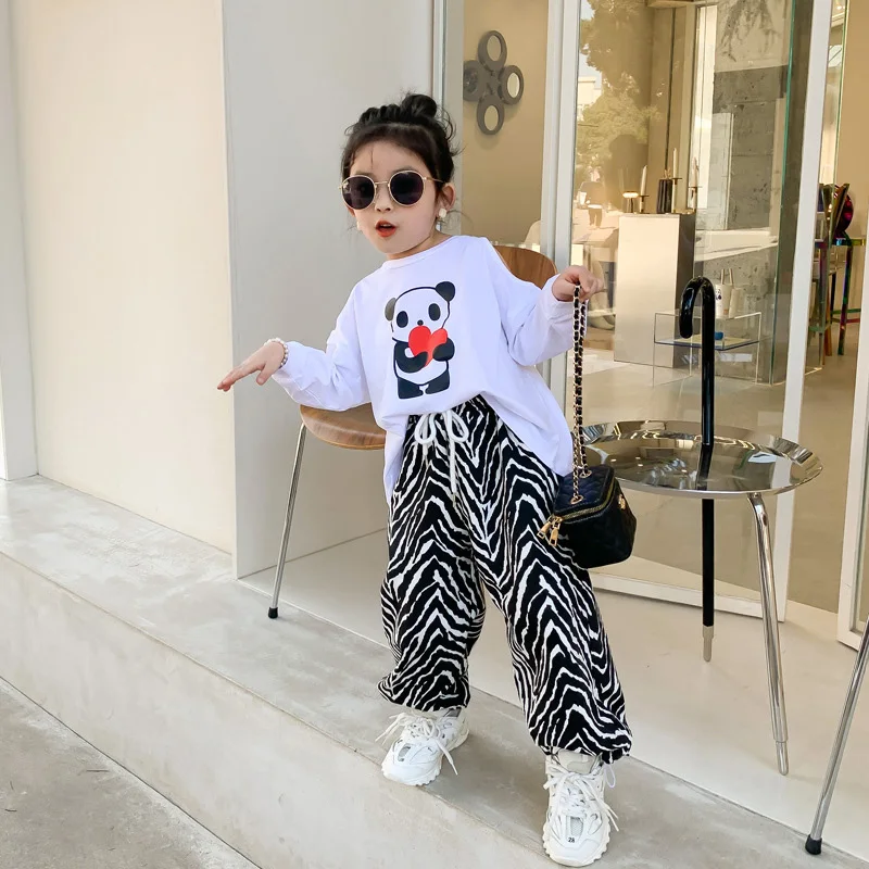 

Family Matching Outffits 2021 New Summer Kids Girl Cartoon Panda Tshirt Long Sleeve Strapless Mother Fashion Clothing Suits