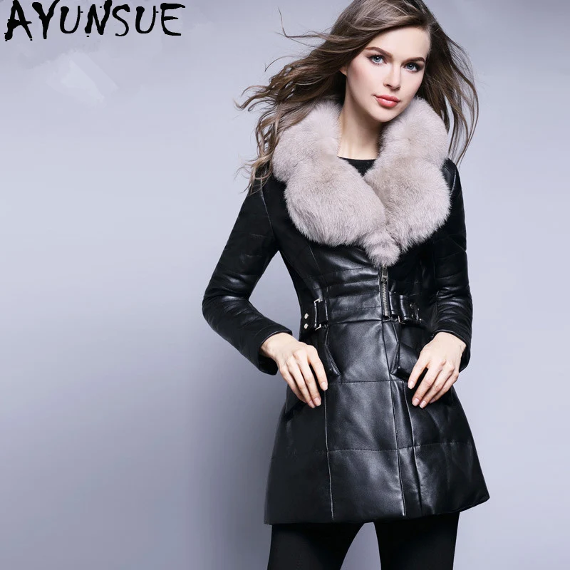 AYUNSUE куртка из натуральной кожи Зимняя женская с воротником натурального Лисьего
