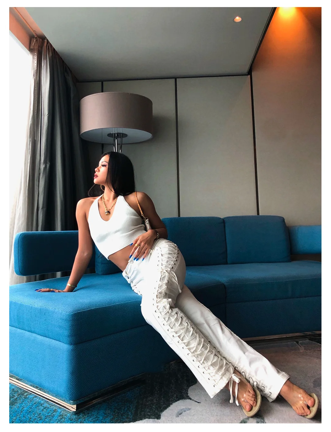 IAMGIA High Waist Slim Lace Pants Kylie Same Style European and American Hot Girl Pants Casual White Lace-up Straight Pants