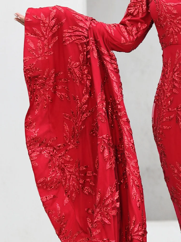 

Sladuo 2021 Women's Chinese Red Embroidered Ruffled Long Sleeve Dress Mermaid Tail Backless Oriental Beauty Robe FT18462