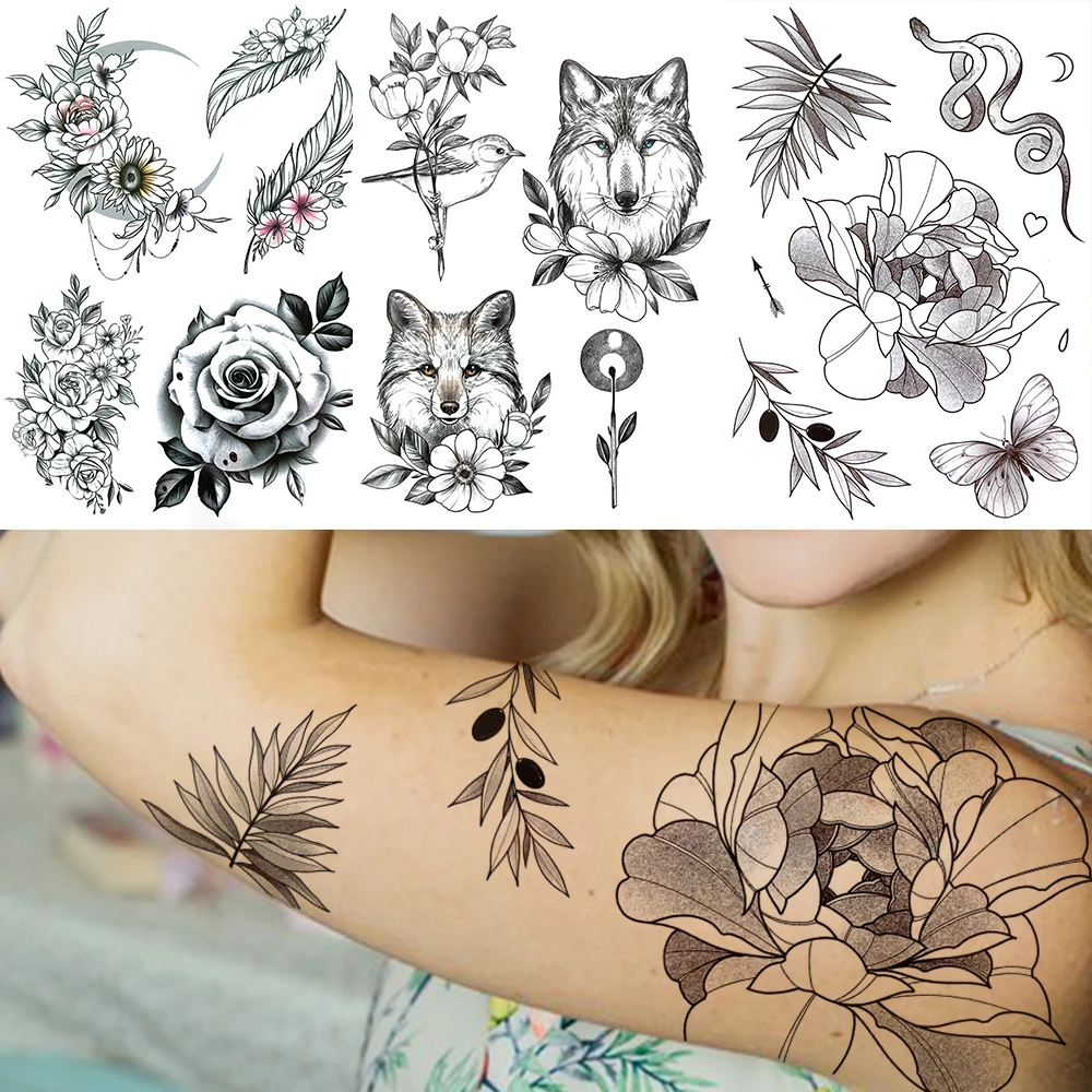 

Fox Wolf Snake Butterfly Temporary Tattoos For Women Black Rose Tattoo Sticker Fake Jewelry Feather Moon Flower 3D Tatoos