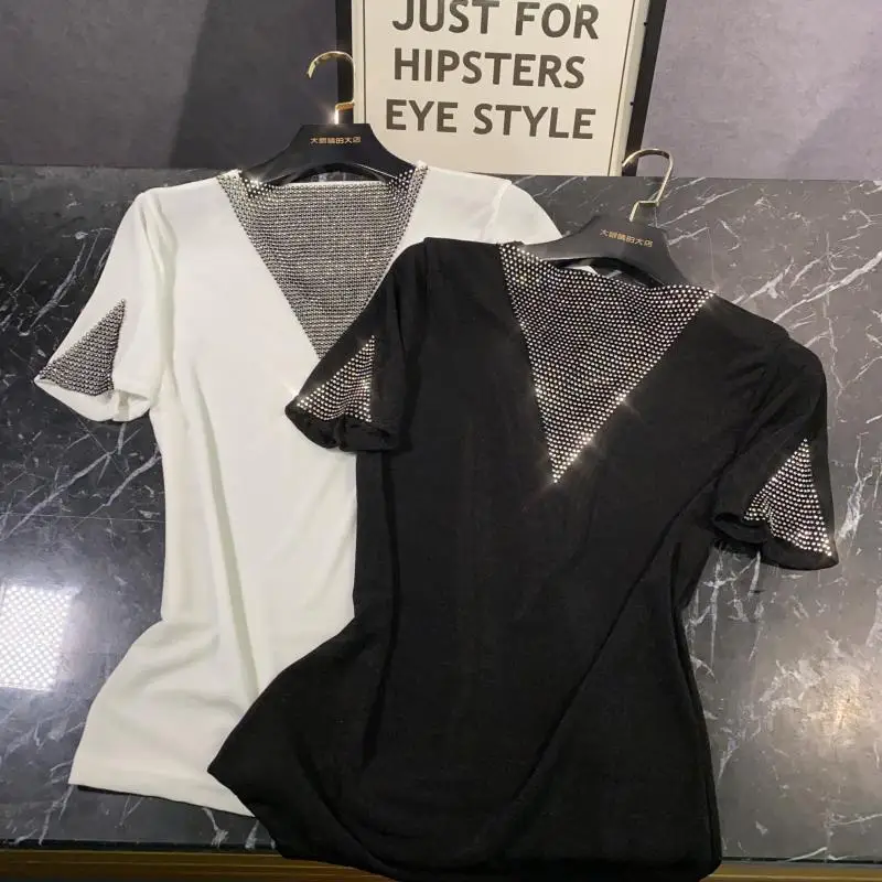 

New model 2020 summer V neck water drill elastic slim ice silk temperament celebrity short sleeve t shirt female trend