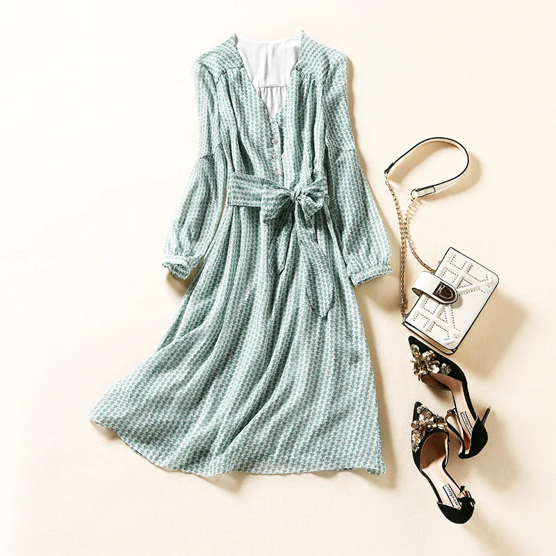 

Long Sleeved Dress Women 2020 Boutique Summer Fashion Printed V-Neck Lace-up Waistbow Slim A-Line Green Dress Knee Length S-XL