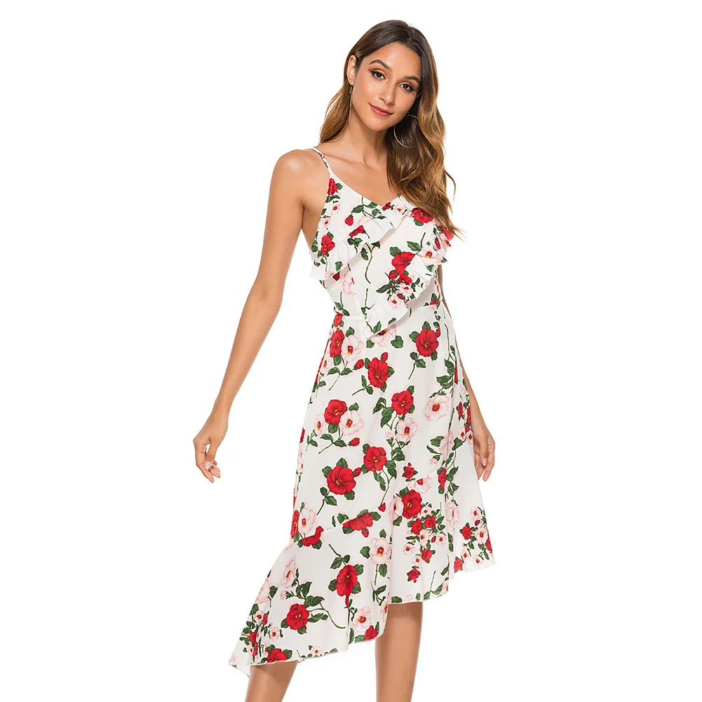 

2021 Summer New Style Printed Halter Strap Irregular Ruffle Dress Ladies Casual Dress Birthday Party Women's Clothing Kawaii
