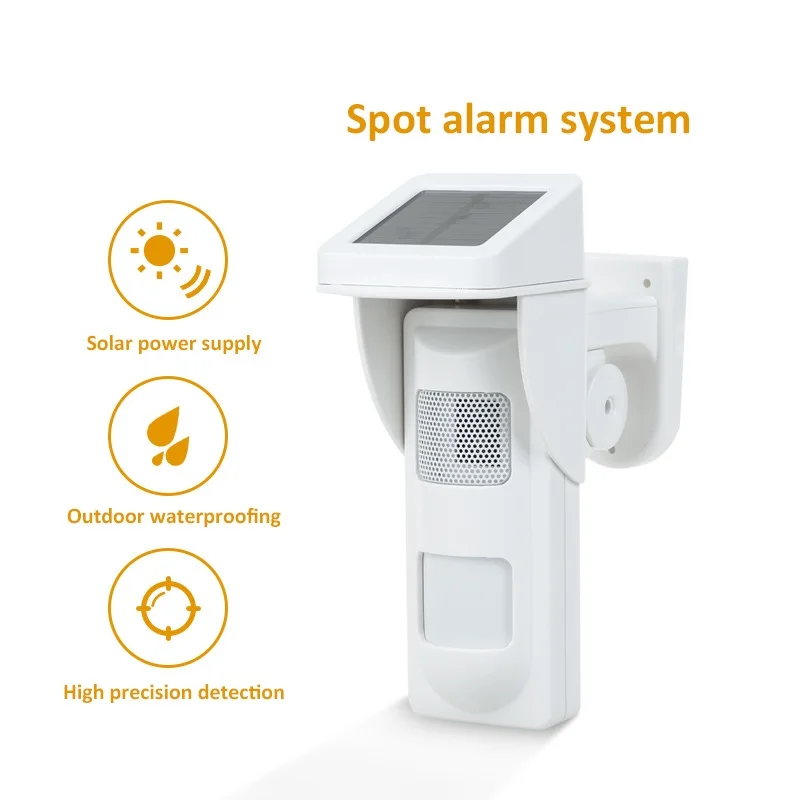Wireless Outdoor Solar Siren Detector Alarm PIR Motion Sensor Pet Friendly IP-65 Waterproof Detector with 2pcs Remote Keyfobs