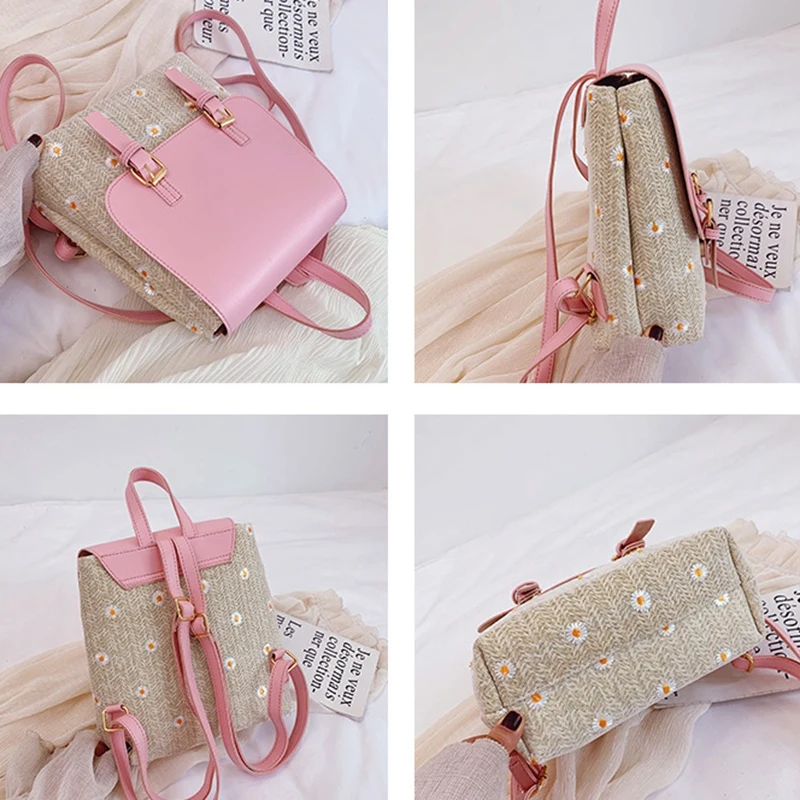 

Little Daisy Women's Straw Bag Fashion Woven Leather Backpack Student School Bag Travel Beach Backpack