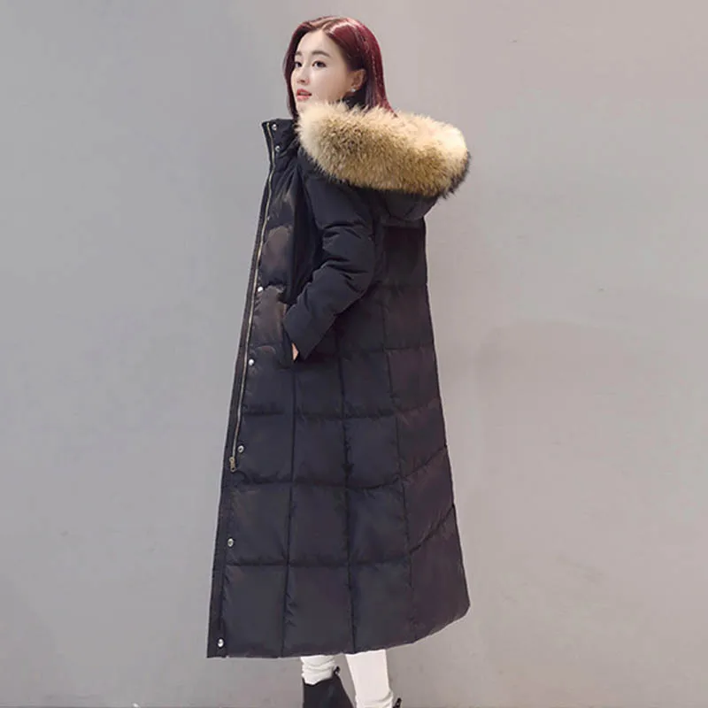 Натуральный мех енота воротник зима 90% белый пуховик женский длинный Женская