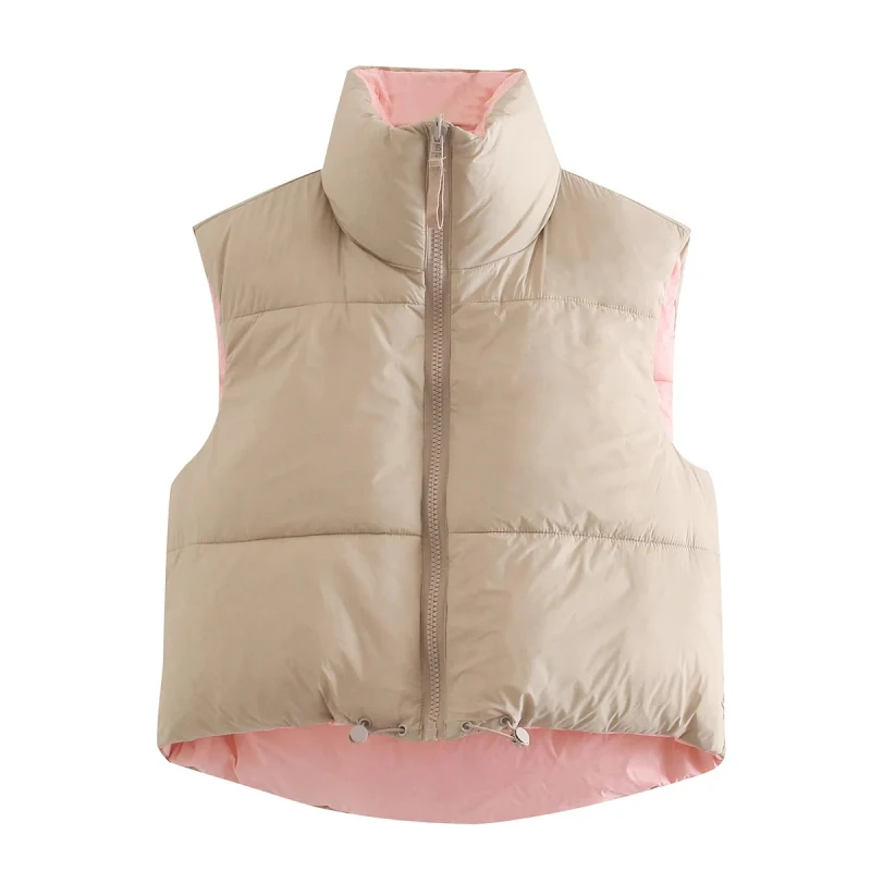 

Stylish Sweet Pink Double Wear Drawstring Cropped Vest Coat Women 2021 Fashion Stand Collar Zipper Waistcoat