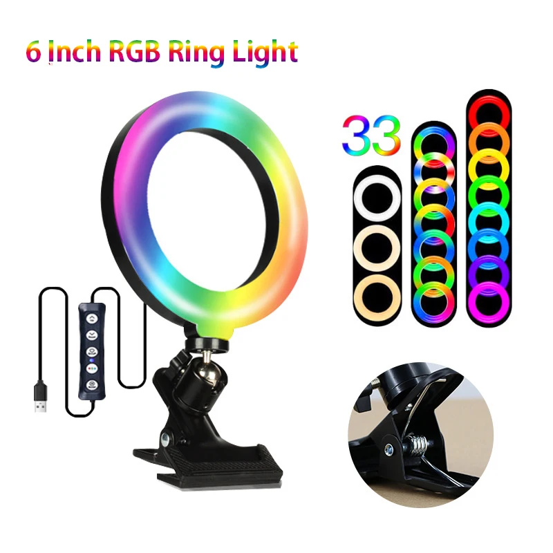 

6-inch RGB Self-timer Ring Light Filler LED Computer Video Conferencing Clip Light For Makeup/Blogging/Live Photography Light