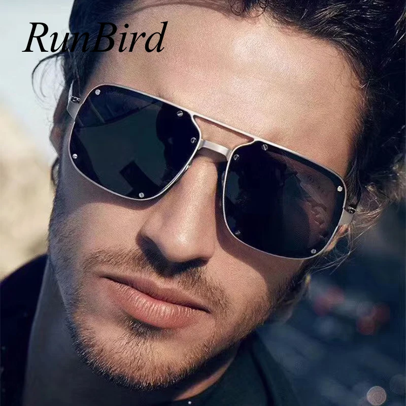 

RunBird Klinknagels Dubbele Bruggen Sunglasses Men Vierkante Zonnebril Merk Designer Lente Scharnieren Fashion Shades UV400 5542