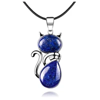 fysl silver plated lovely cat lapis lazuli pendant rope chain necklace blue sand stone animal jewelry