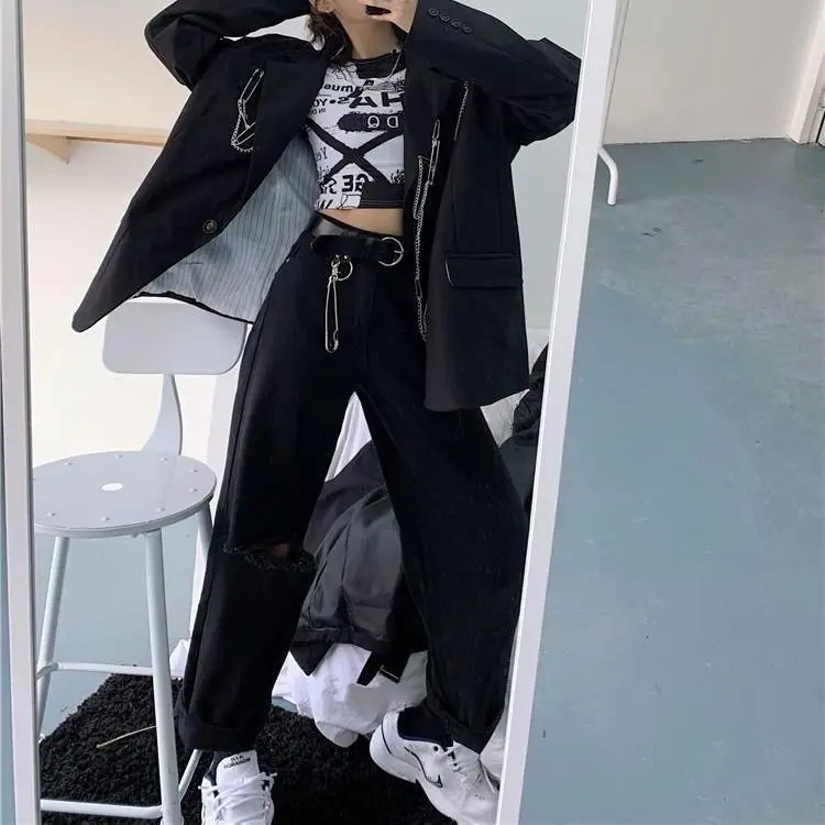 

Hole high waist jeans women's 2021 spring and summer Korean New Black Loose BF student wide leg straight pants fashion