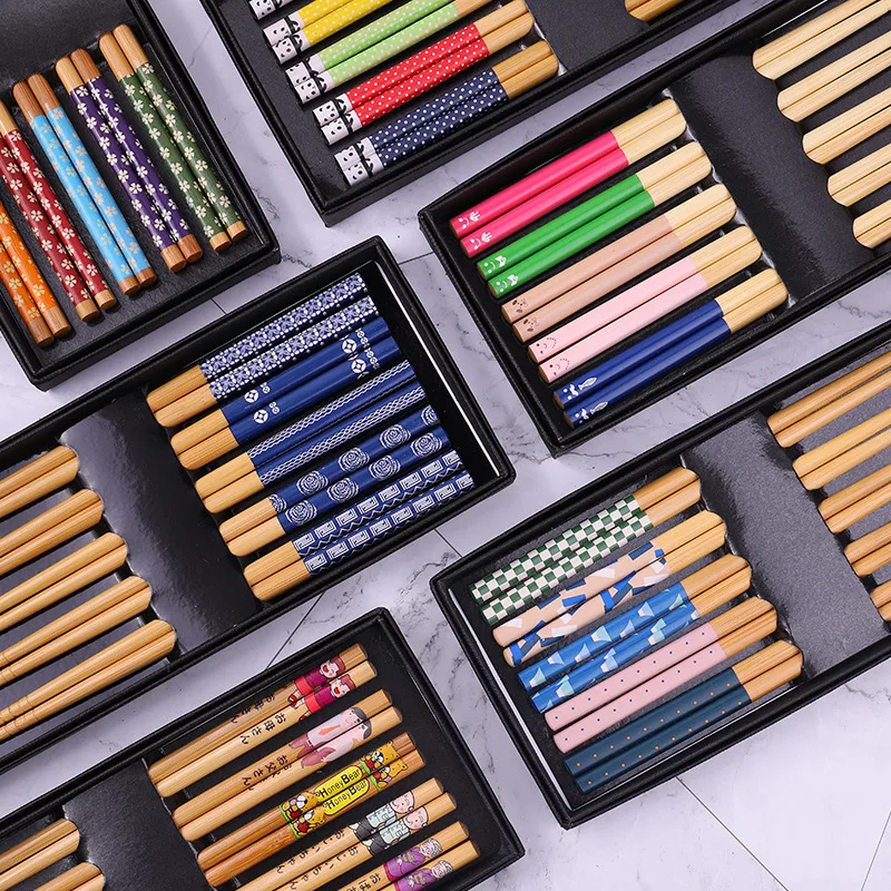 

BalleenShiny 5 Pairs Of Bamboo Japanese Wooden Chopsticks Household Chopsticks Gift Box Restaurant Bamboo Wood Chopsticks Set