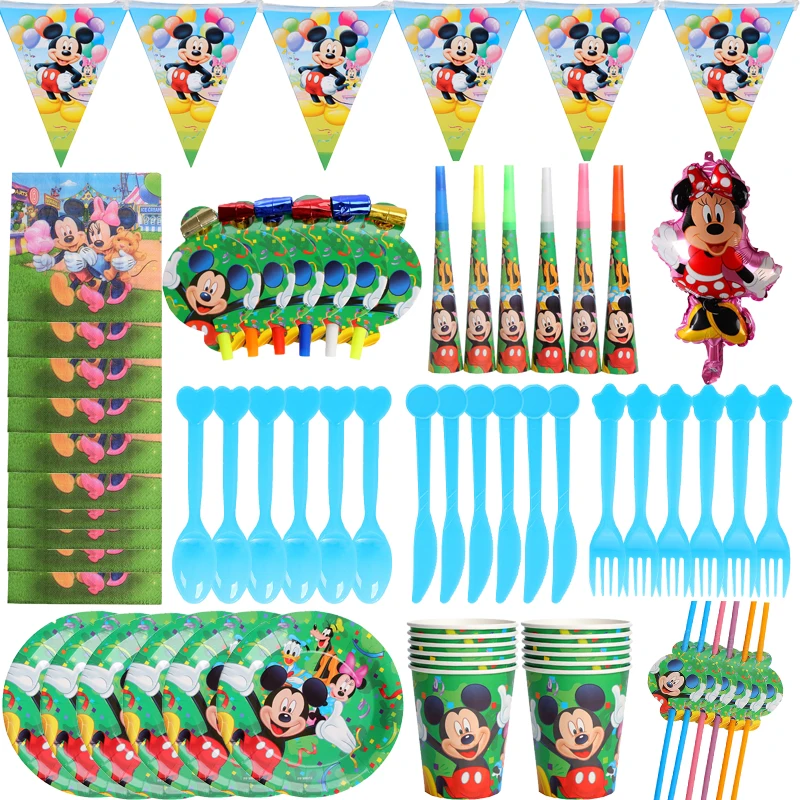 

Disney Mickey Mouse Green Cartoon Characters Themes Disposable Cutlery Sets Paper Plates For Child Birthday Supplies Party Decor