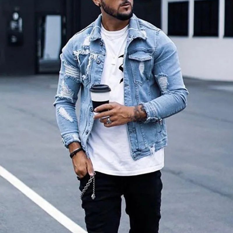 

Puimentiua 2021 Men's Jacket Fashion Casual Denim Jacket Men Plus size Blue Color Lapel Ripped Jean Jacket