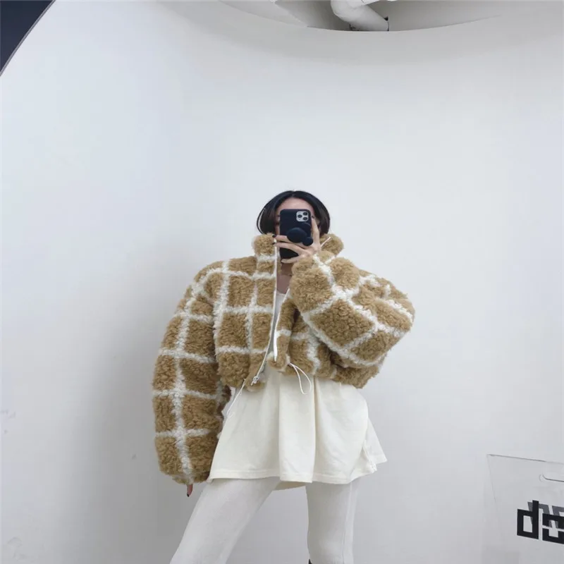 

fur faux woolen short loose oversize coat motor&bike patchwork plaid coat korean style all-match chic streetwear 2020 winter