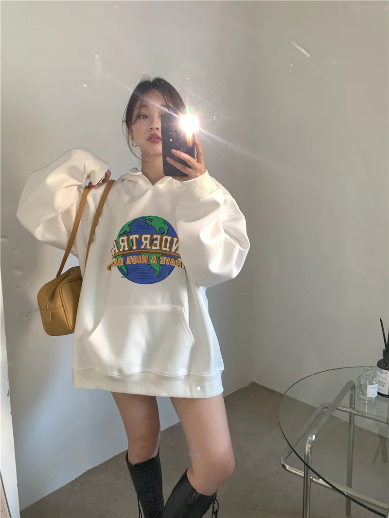

XZ2915 2021 new Korean version of lazy wind plus velvet thick warm hooded printed loose Sweatshirts