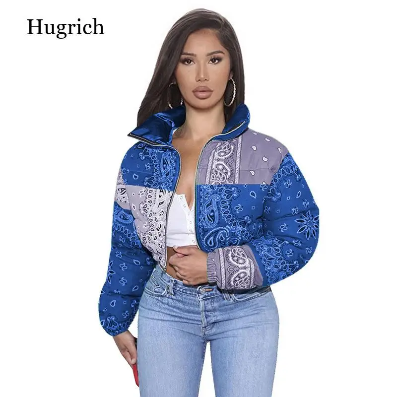 

Новинка Зима 2021, женская одежда для хлеба, модное хлопковое пальто с контрастным принтом на молнии, теплое обычное короткое пальто большого ...